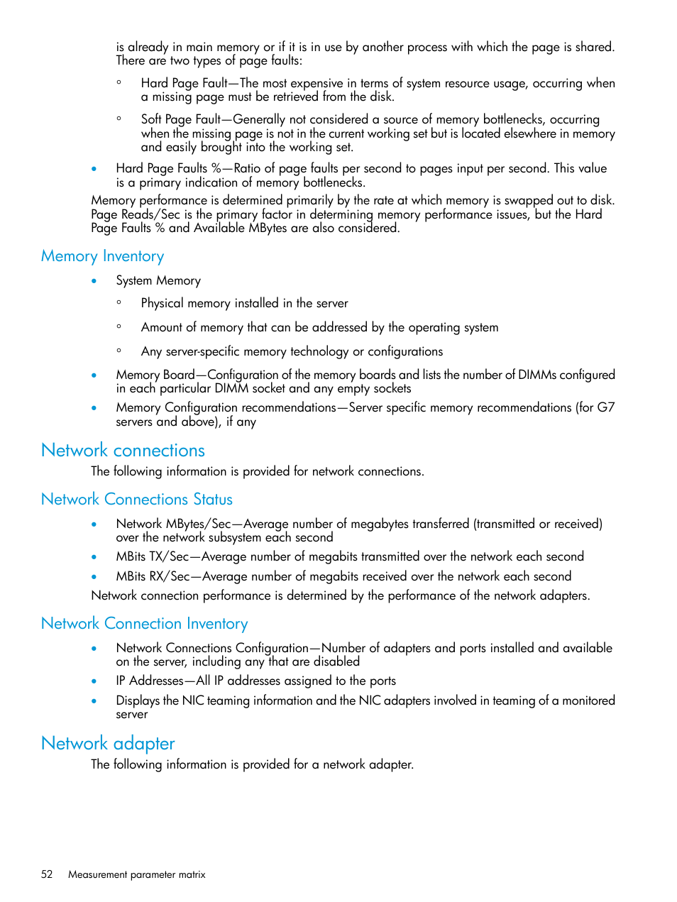 Memory inventory, Network connections, Network connections status | Network connection inventory, Network adapter | HP Insight Control User Manual | Page 52 / 77