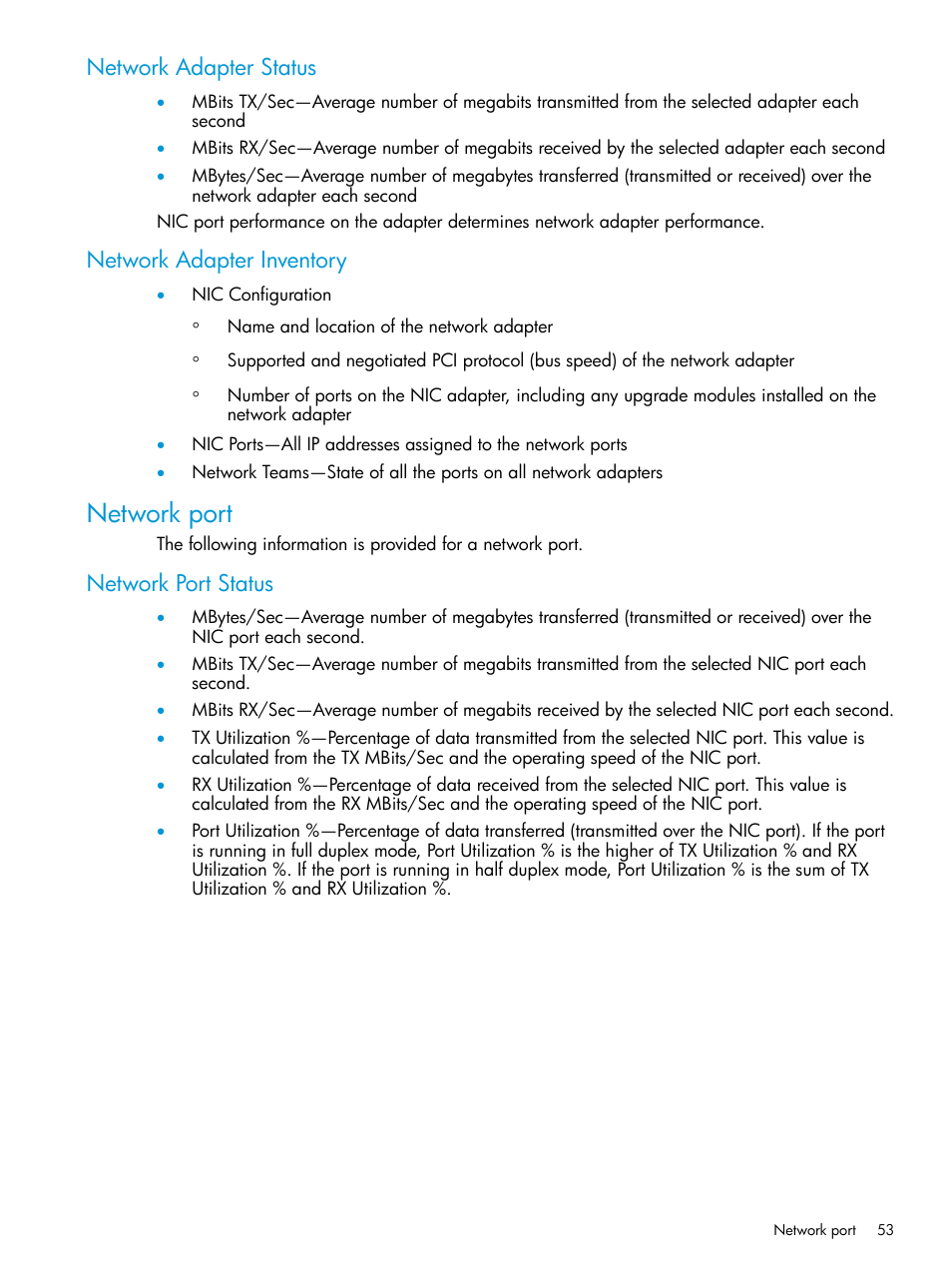 Network adapter status, Network adapter inventory, Network port | Network port status, Network adapter status network adapter inventory | HP Insight Control User Manual | Page 53 / 77
