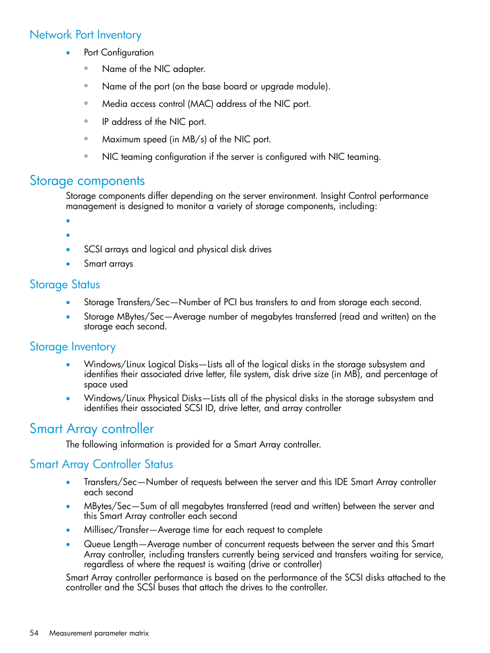 Network port inventory, Storage components, Storage status | Storage inventory, Smart array controller, Smart array controller status, Storage status storage inventory | HP Insight Control User Manual | Page 54 / 77