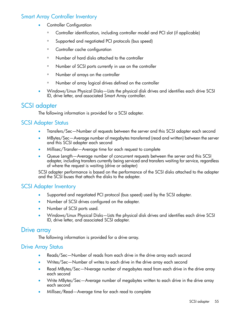 Smart array controller inventory, Scsi adapter, Scsi adapter status | Scsi adapter inventory, Drive array, Drive array status, Scsi adapter status scsi adapter inventory | HP Insight Control User Manual | Page 55 / 77