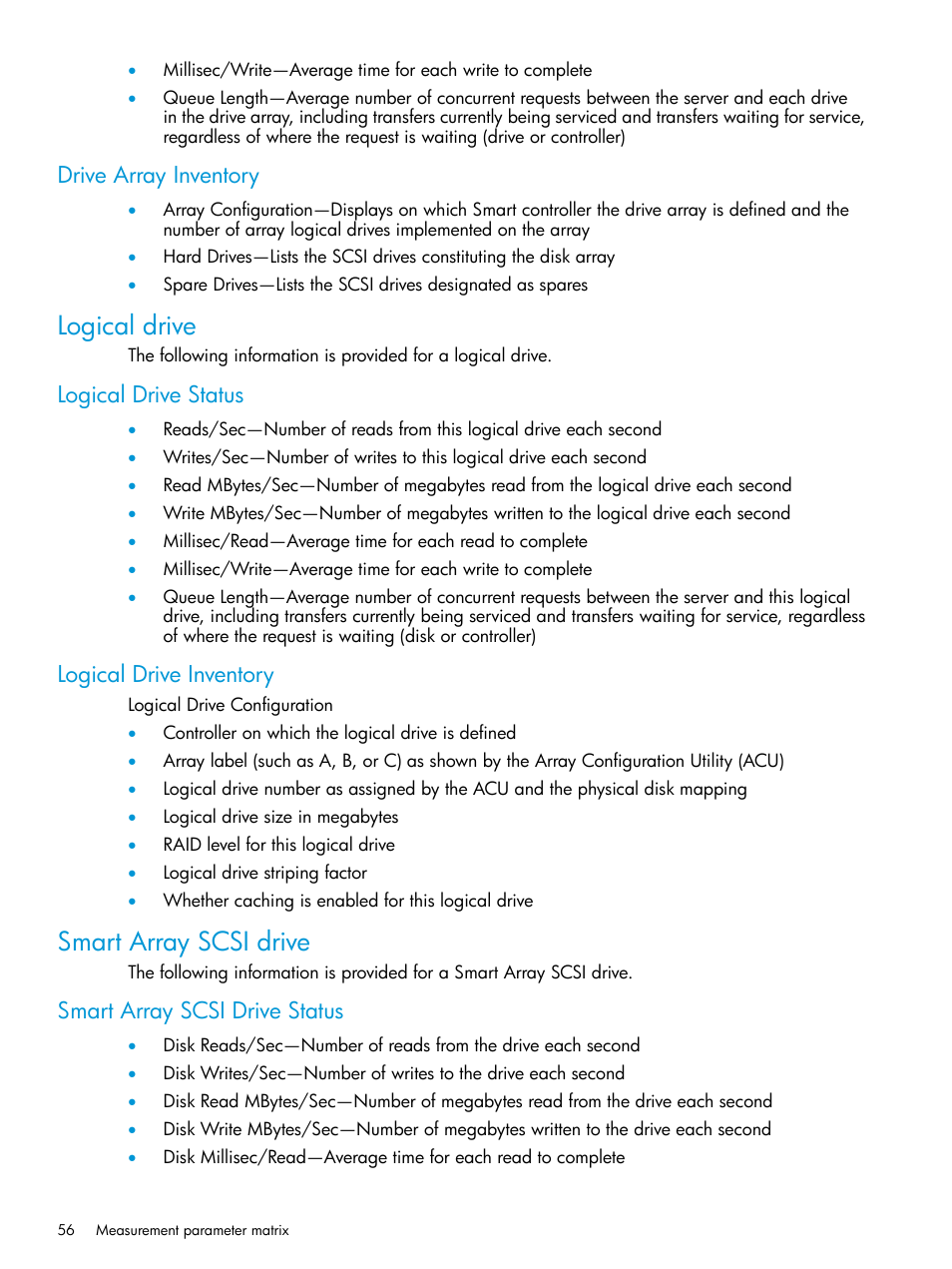 Drive array inventory, Logical drive, Logical drive status | Logical drive inventory, Smart array scsi drive, Smart array scsi drive status, Logical drive status logical drive inventory | HP Insight Control User Manual | Page 56 / 77