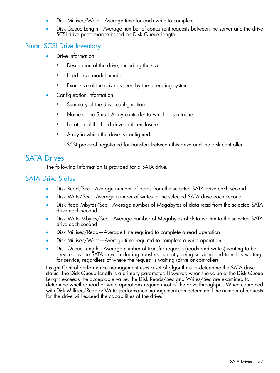 Smart scsi drive inventory, Sata drives, Sata drive status | HP Insight Control User Manual | Page 57 / 77