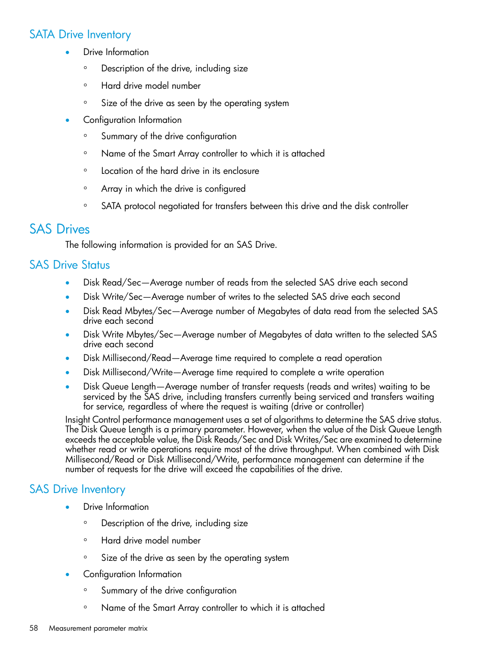 Sata drive inventory, Sas drives, Sas drive status | Sas drive inventory, Sas drive status sas drive inventory | HP Insight Control User Manual | Page 58 / 77