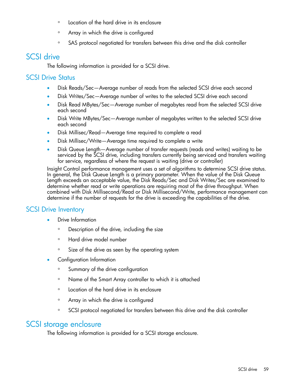Scsi drive, Scsi drive status, Scsi drive inventory | Scsi storage enclosure, Scsi drive status scsi drive inventory | HP Insight Control User Manual | Page 59 / 77