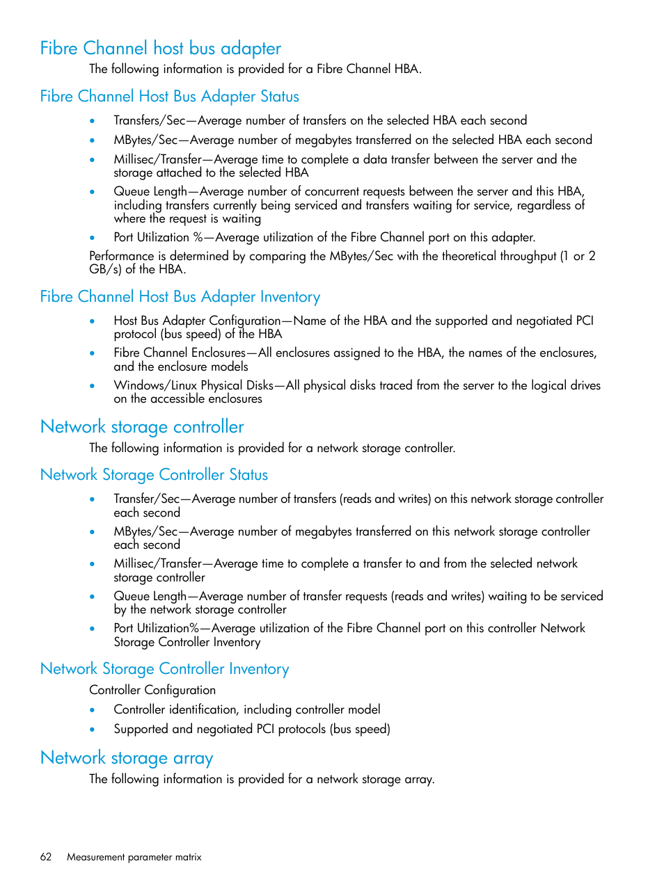 Fibre channel host bus adapter, Fibre channel host bus adapter status, Fibre channel host bus adapter inventory | Network storage controller, Network storage controller status, Network storage controller inventory, Network storage array | HP Insight Control User Manual | Page 62 / 77