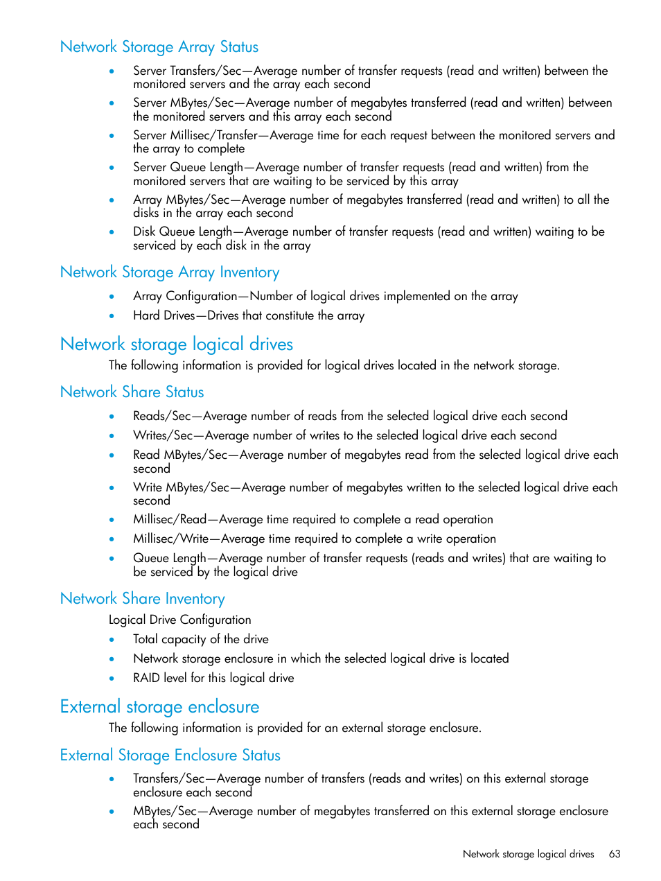 Network storage array status, Network storage array inventory, Network storage logical drives | Network share status, Network share inventory, External storage enclosure, External storage enclosure status, Network share status network share inventory | HP Insight Control User Manual | Page 63 / 77