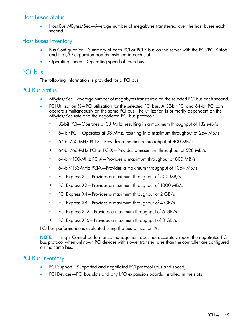Host buses status, Host buses inventory, Pci bus | Pci bus status, Pci bus inventory, Host buses status host buses inventory, Pci bus status pci bus inventory | HP Insight Control User Manual | Page 65 / 77