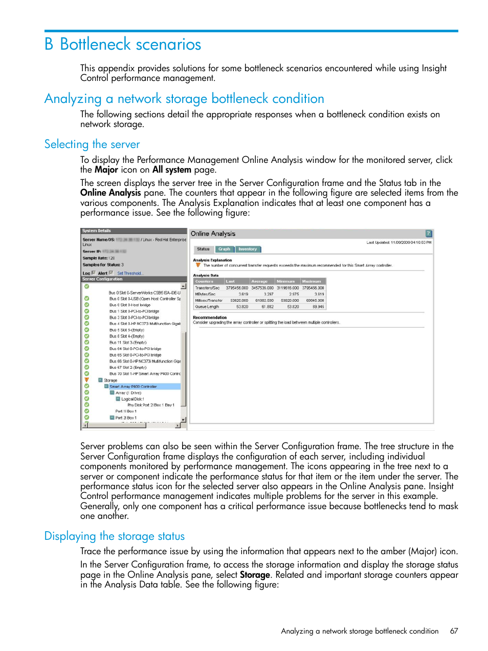 B bottleneck scenarios, Analyzing a network storage bottleneck condition, Selecting the server | Displaying the storage status, Selecting the server displaying the storage status | HP Insight Control User Manual | Page 67 / 77