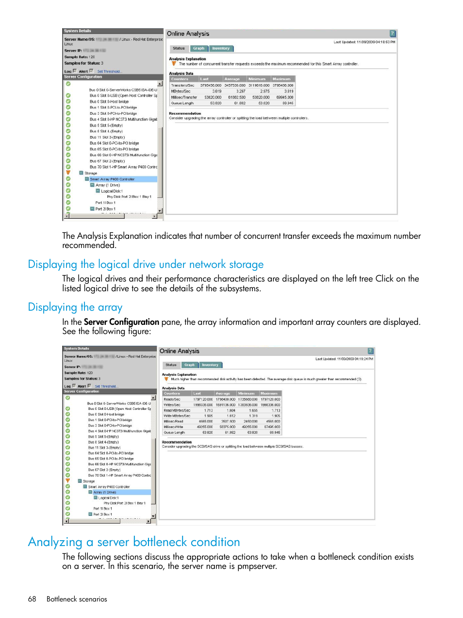 Displaying the logical drive under network storage, Displaying the array, Analyzing a server bottleneck condition | HP Insight Control User Manual | Page 68 / 77