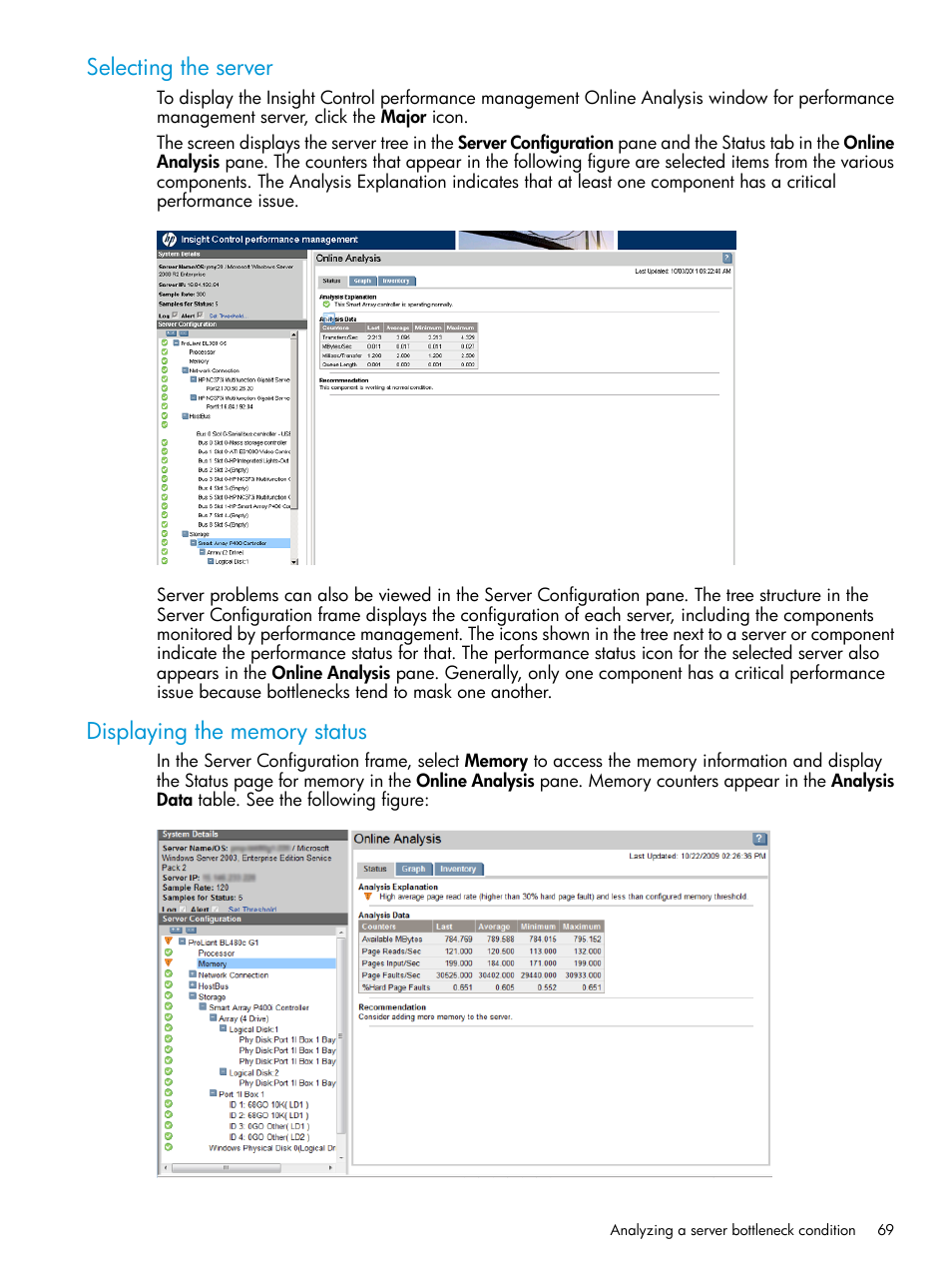 Selecting the server, Displaying the memory status, Selecting the server displaying the memory status | HP Insight Control User Manual | Page 69 / 77