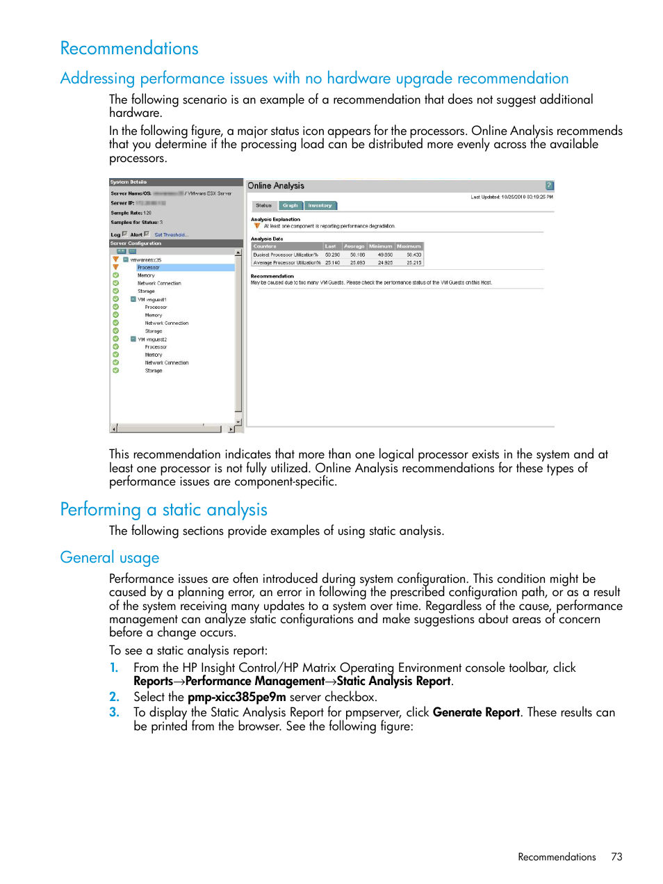 Recommendations, Performing a static analysis, General usage | HP Insight Control User Manual | Page 73 / 77