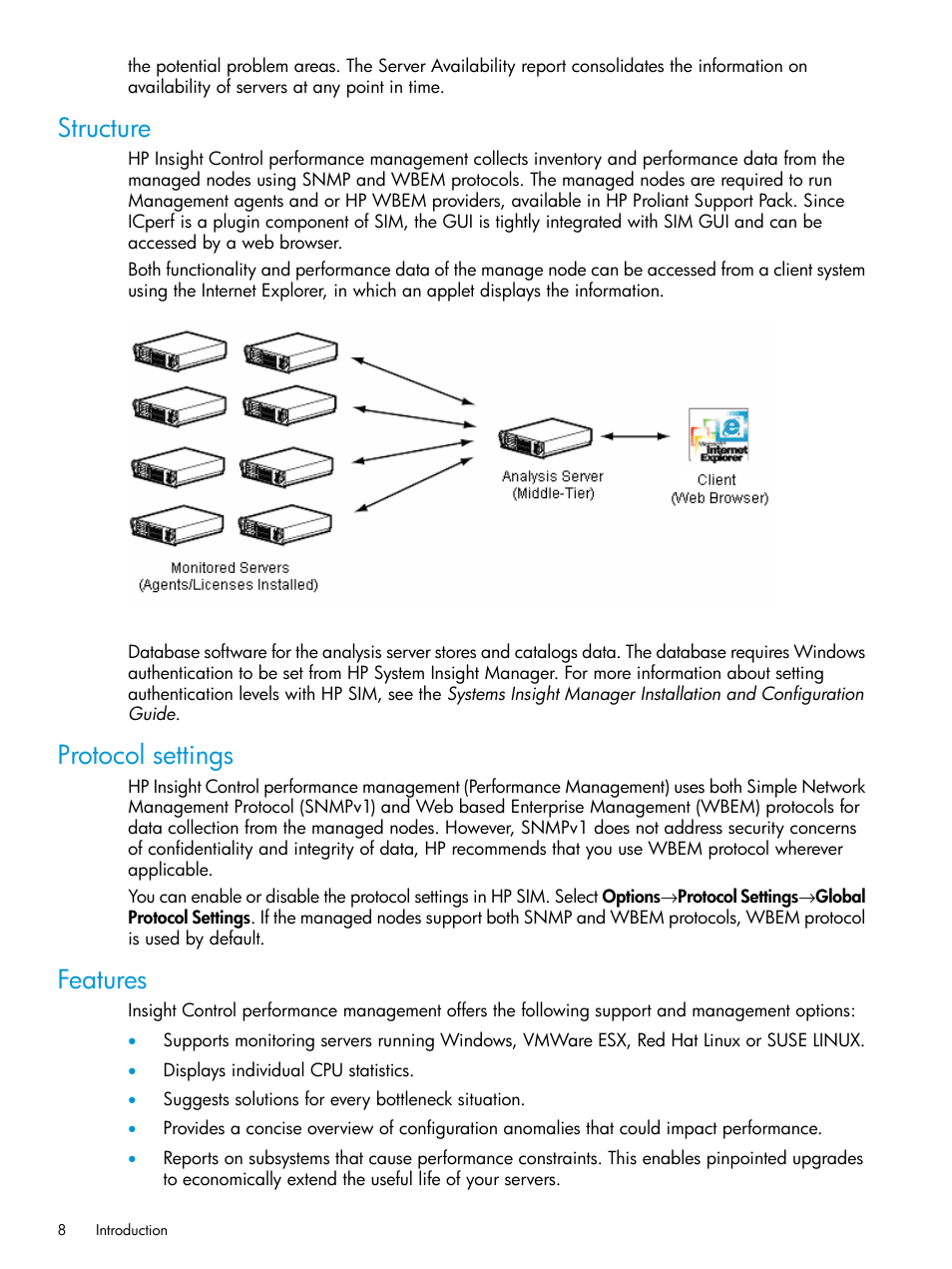 Structure, Protocol settings, Features | Structure protocol settings features | HP Insight Control User Manual | Page 8 / 77
