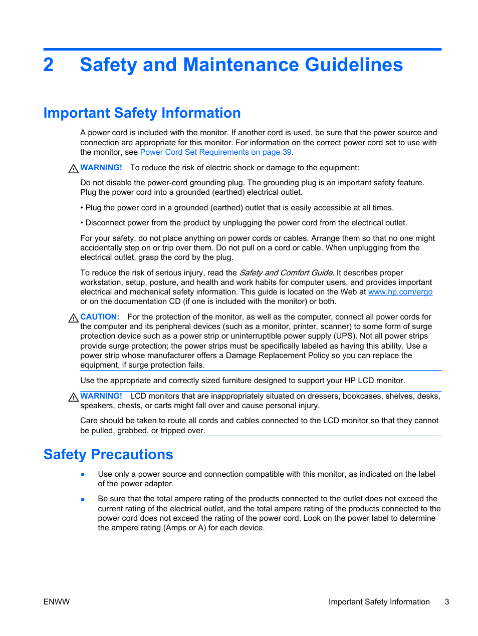 Safety and maintenance guidelines, Important safety information, Safety precautions | 2 safety and maintenance guidelines, Important safety information safety precautions, 2safety and maintenance guidelines | HP 2311gt 23 inch Diagonal 3D LED Monitor User Manual | Page 11 / 50