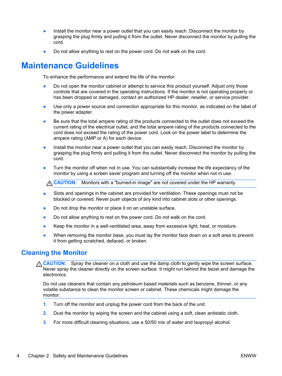Maintenance guidelines, Cleaning the monitor | HP 2311gt 23 inch Diagonal 3D LED Monitor User Manual | Page 12 / 50