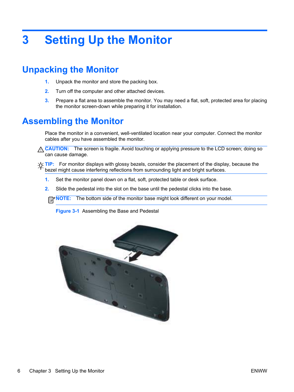 Setting up the monitor, Unpacking the monitor, Assembling the monitor | 3 setting up the monitor, Unpacking the monitor assembling the monitor, 3setting up the monitor | HP 2311gt 23 inch Diagonal 3D LED Monitor User Manual | Page 14 / 50