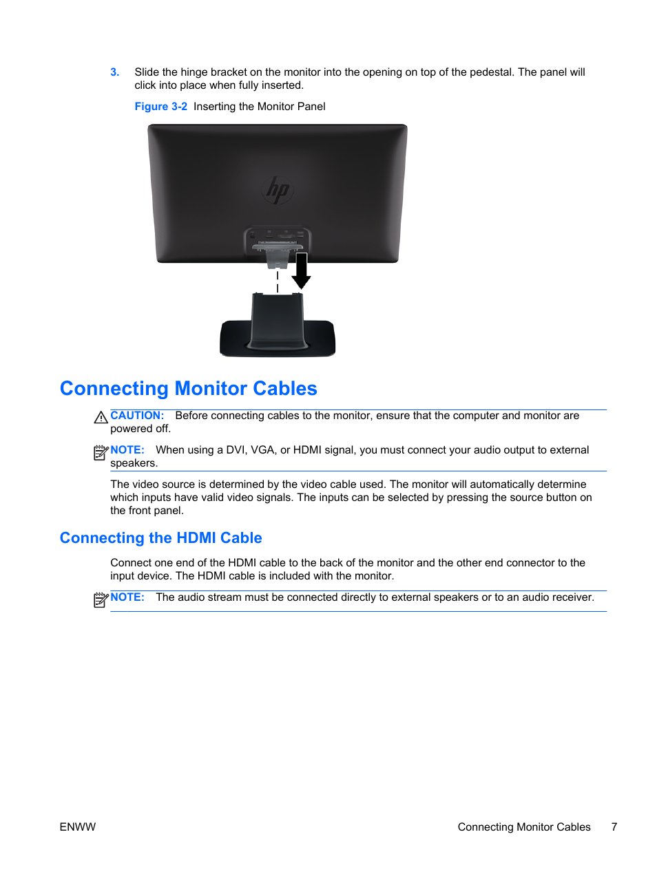 Connecting monitor cables, Connecting the hdmi cable | HP 2311gt 23 inch Diagonal 3D LED Monitor User Manual | Page 15 / 50