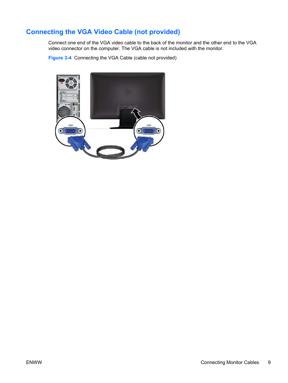 Connecting the vga video cable (not provided) | HP 2311gt 23 inch Diagonal 3D LED Monitor User Manual | Page 17 / 50