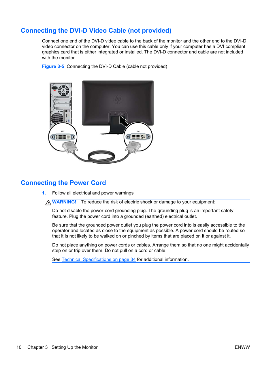 Connecting the dvi-d video cable (not provided), Connecting the power cord | HP 2311gt 23 inch Diagonal 3D LED Monitor User Manual | Page 18 / 50