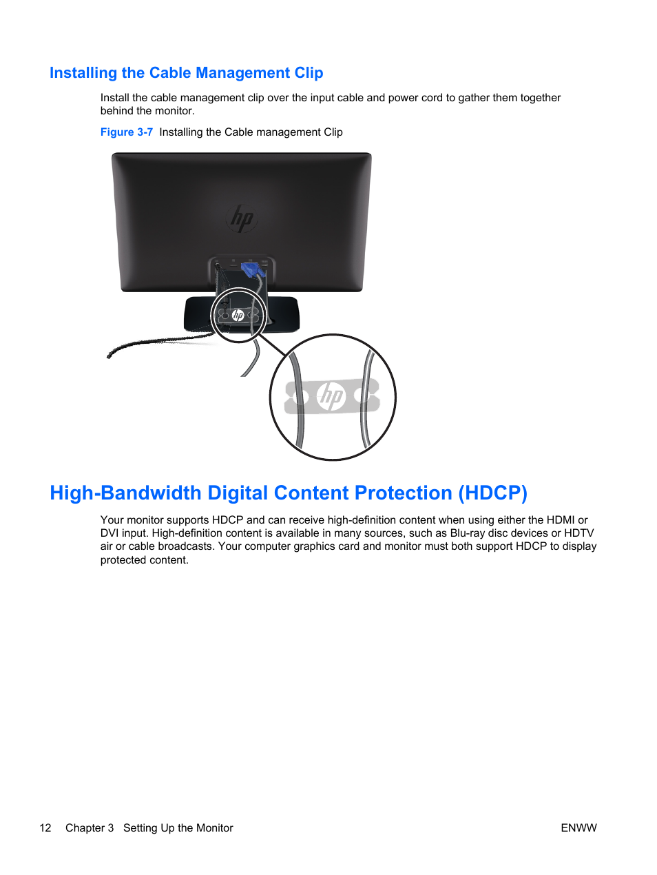 Installing the cable management clip, High-bandwidth digital content protection (hdcp) | HP 2311gt 23 inch Diagonal 3D LED Monitor User Manual | Page 20 / 50