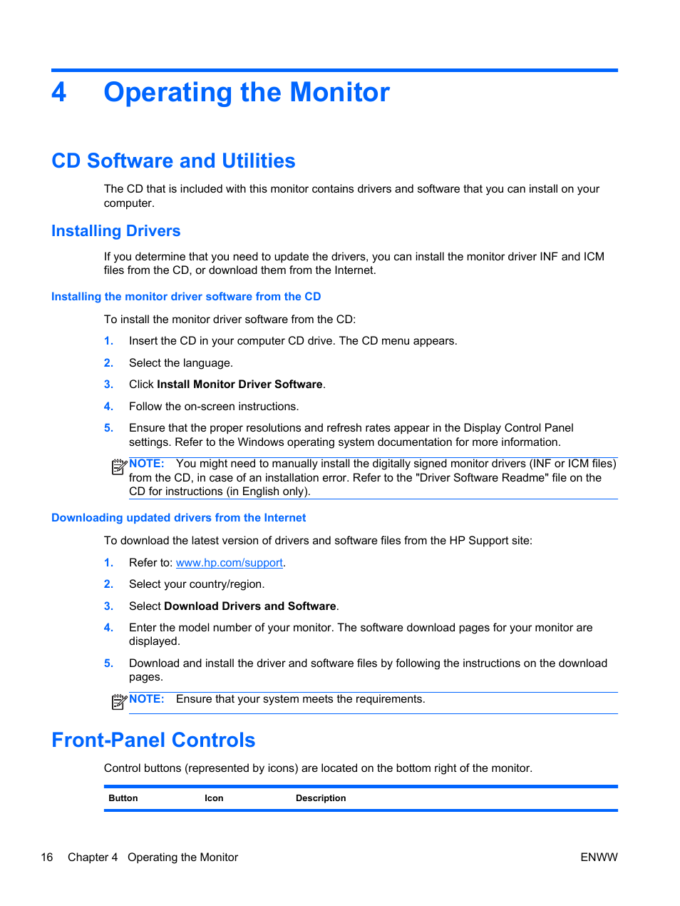 Operating the monitor, Cd software and utilities, Installing drivers | Front-panel controls, 4 operating the monitor, 4operating the monitor | HP 2311gt 23 inch Diagonal 3D LED Monitor User Manual | Page 24 / 50