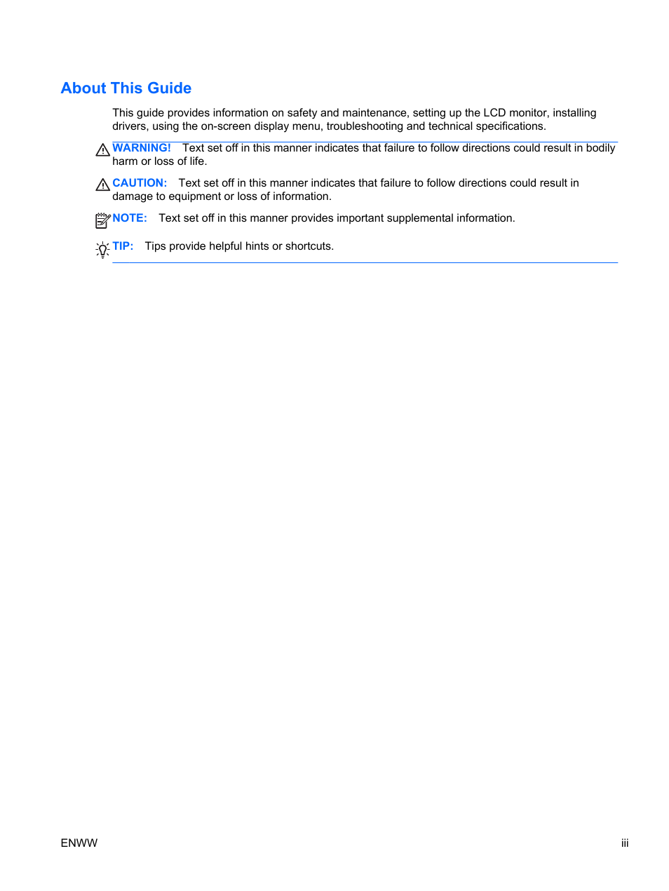 About this guide | HP 2311gt 23 inch Diagonal 3D LED Monitor User Manual | Page 3 / 50