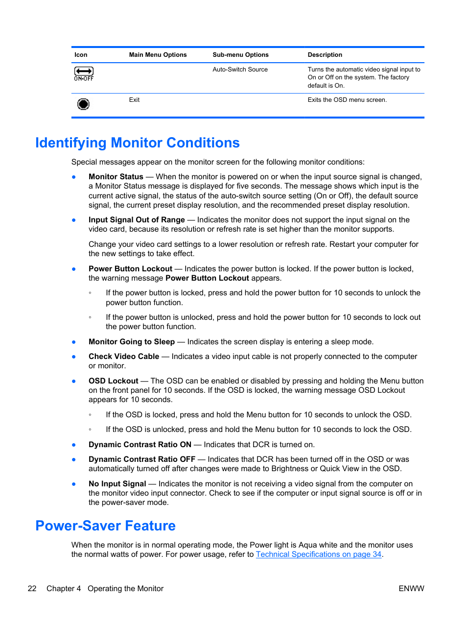 Identifying monitor conditions, Power-saver feature, Identifying monitor conditions power-saver feature | HP 2311gt 23 inch Diagonal 3D LED Monitor User Manual | Page 30 / 50