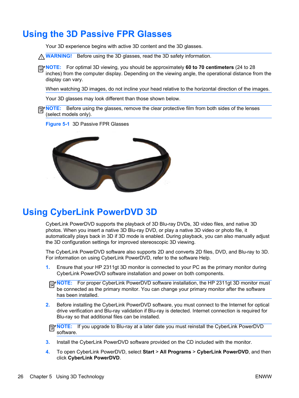 Using the 3d passive fpr glasses, Using cyberlink powerdvd 3d | HP 2311gt 23 inch Diagonal 3D LED Monitor User Manual | Page 34 / 50