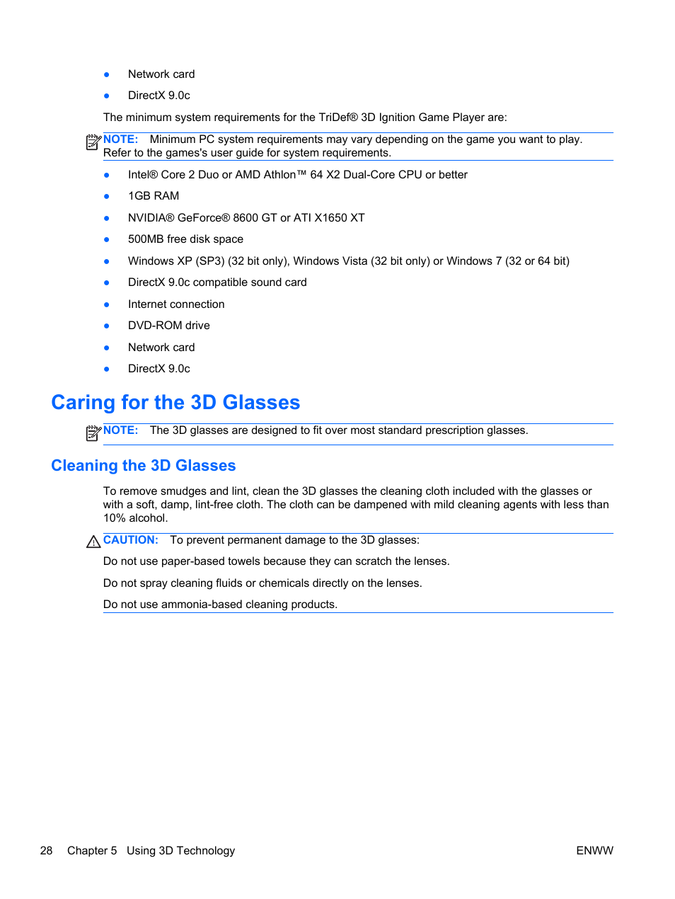 Caring for the 3d glasses, Cleaning the 3d glasses | HP 2311gt 23 inch Diagonal 3D LED Monitor User Manual | Page 36 / 50