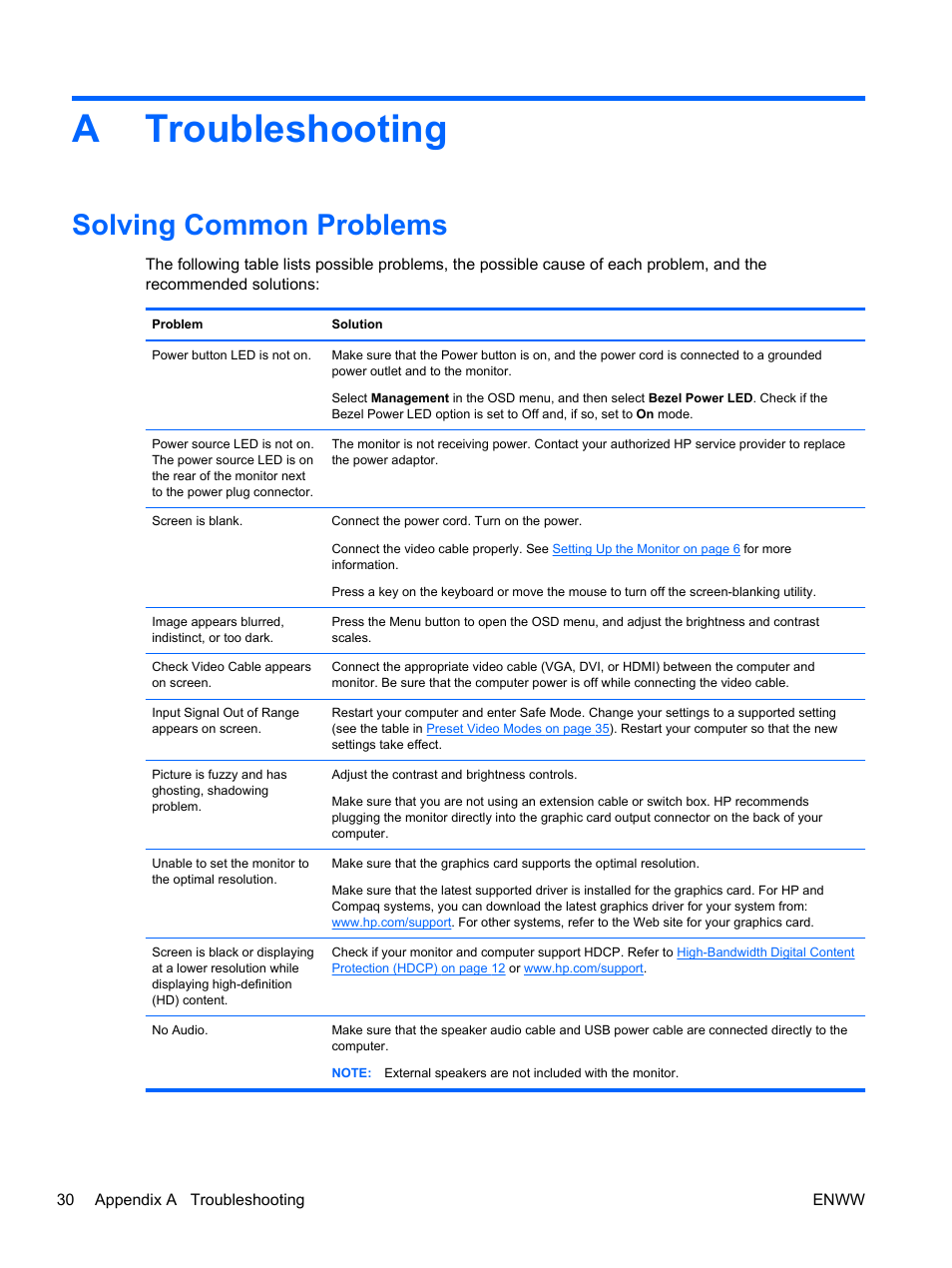 Troubleshooting, Solving common problems, Appendix a troubleshooting | Atroubleshooting | HP 2311gt 23 inch Diagonal 3D LED Monitor User Manual | Page 38 / 50