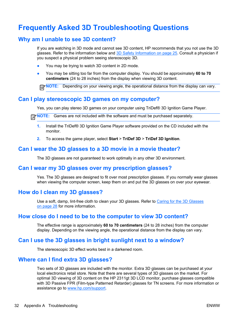 Frequently asked 3d troubleshooting questions, Why am i unable to see 3d content, Can i play stereoscopic 3d games on my computer | How do i clean my 3d glasses, Where can i find extra 3d glasses | HP 2311gt 23 inch Diagonal 3D LED Monitor User Manual | Page 40 / 50