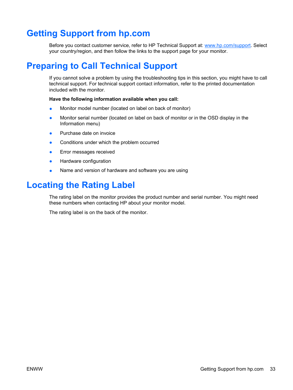 Getting support from hp.com, Preparing to call technical support, Locating the rating label | HP 2311gt 23 inch Diagonal 3D LED Monitor User Manual | Page 41 / 50