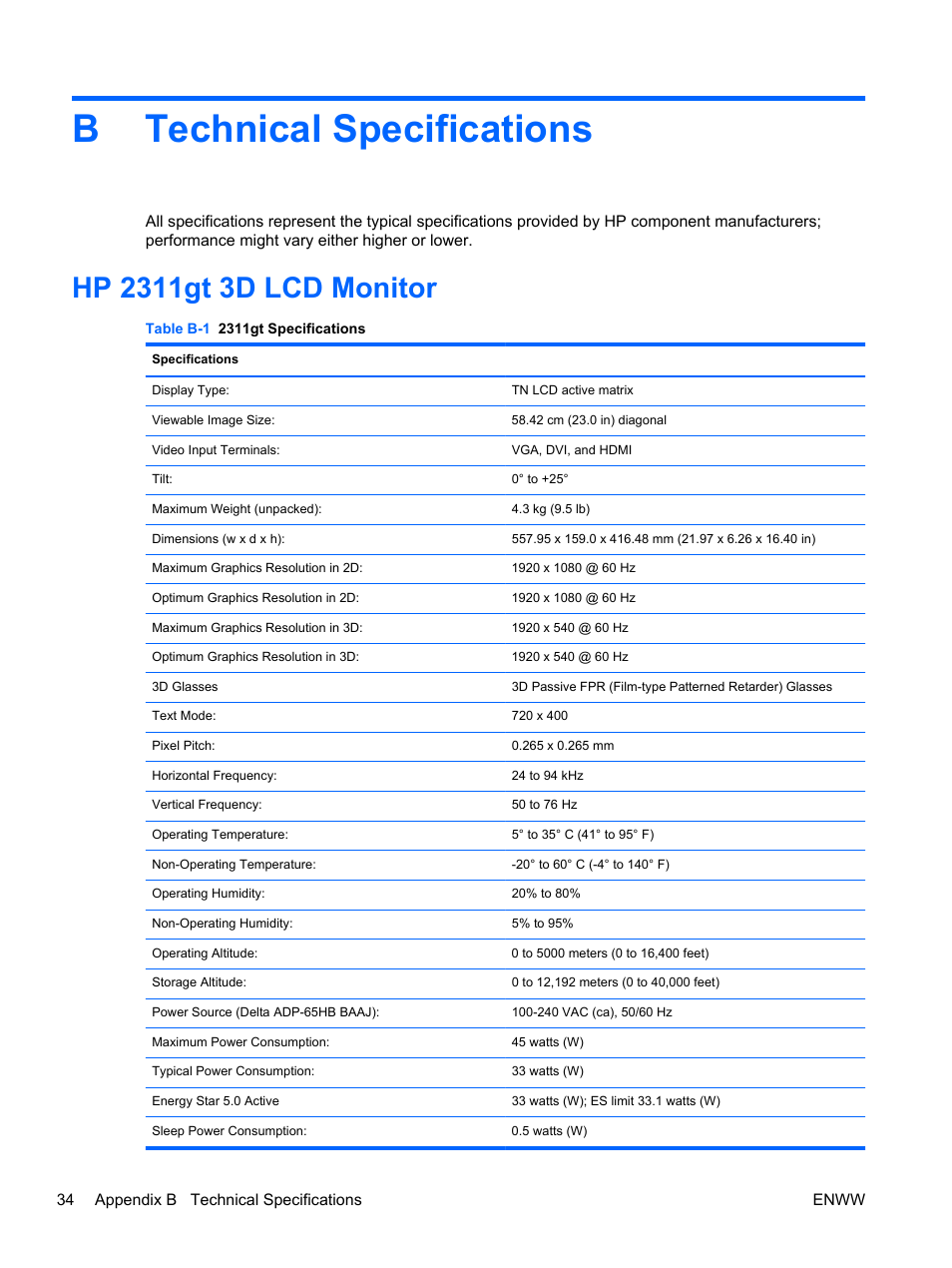 Technical specifications, Hp 2311gt 3d lcd monitor, Appendix b technical specifications | Btechnical specifications | HP 2311gt 23 inch Diagonal 3D LED Monitor User Manual | Page 42 / 50