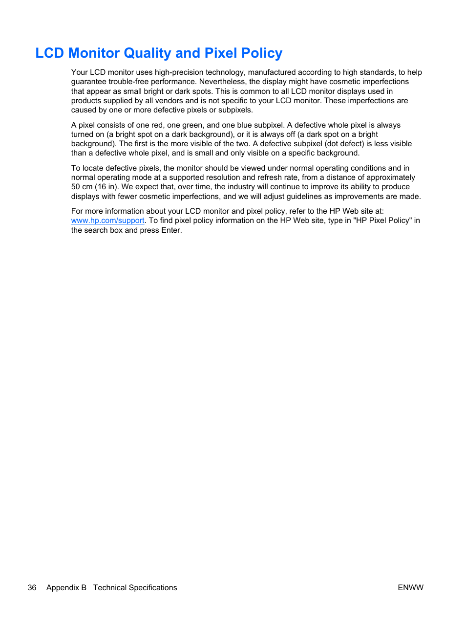 Lcd monitor quality and pixel policy | HP 2311gt 23 inch Diagonal 3D LED Monitor User Manual | Page 44 / 50