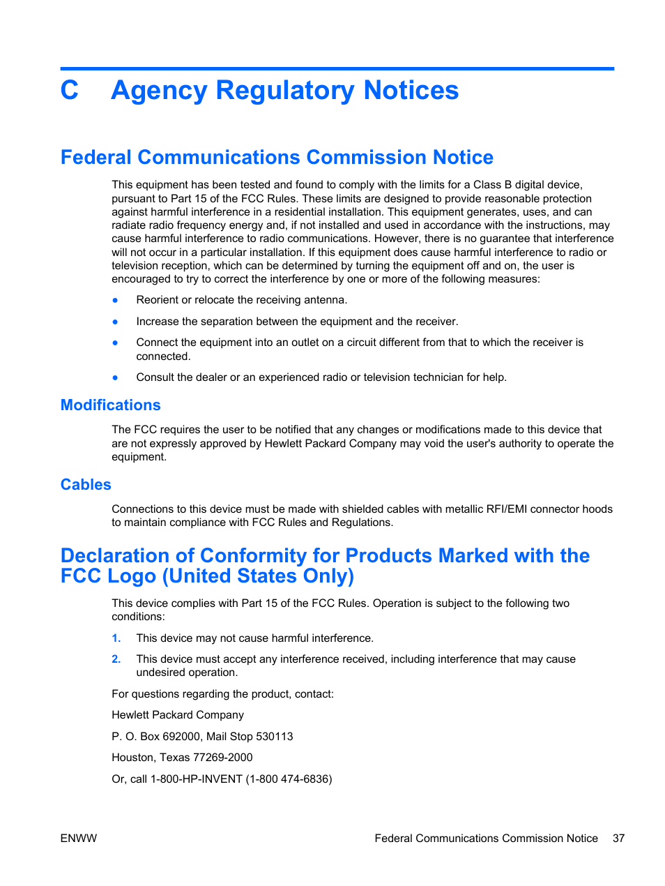 Agency regulatory notices, Federal communications commission notice, Modifications | Cables, Appendix c agency regulatory notices, Modifications cables, Cagency regulatory notices | HP 2311gt 23 inch Diagonal 3D LED Monitor User Manual | Page 45 / 50