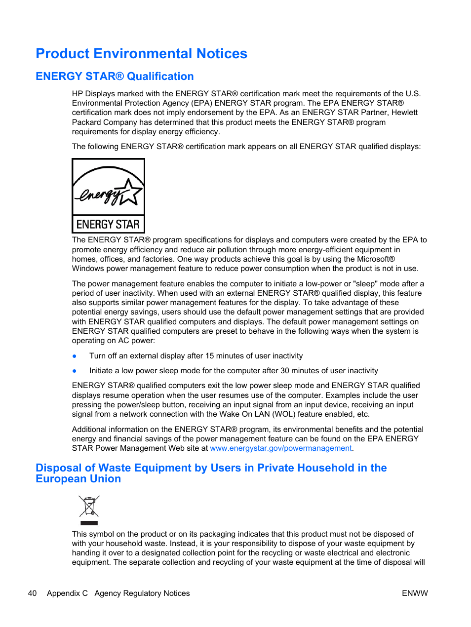 Product environmental notices, Energy star® qualification | HP 2311gt 23 inch Diagonal 3D LED Monitor User Manual | Page 48 / 50