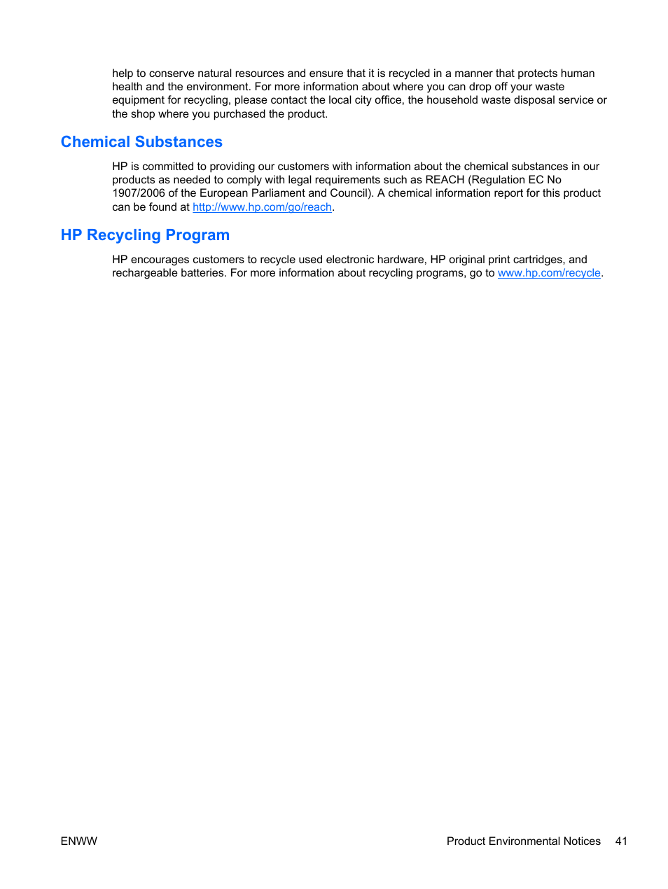 Chemical substances, Hp recycling program, Chemical substances hp recycling program | HP 2311gt 23 inch Diagonal 3D LED Monitor User Manual | Page 49 / 50