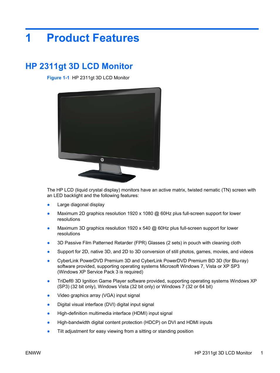 Product features, Hp 2311gt 3d lcd monitor, 1 product features | 1product features | HP 2311gt 23 inch Diagonal 3D LED Monitor User Manual | Page 9 / 50