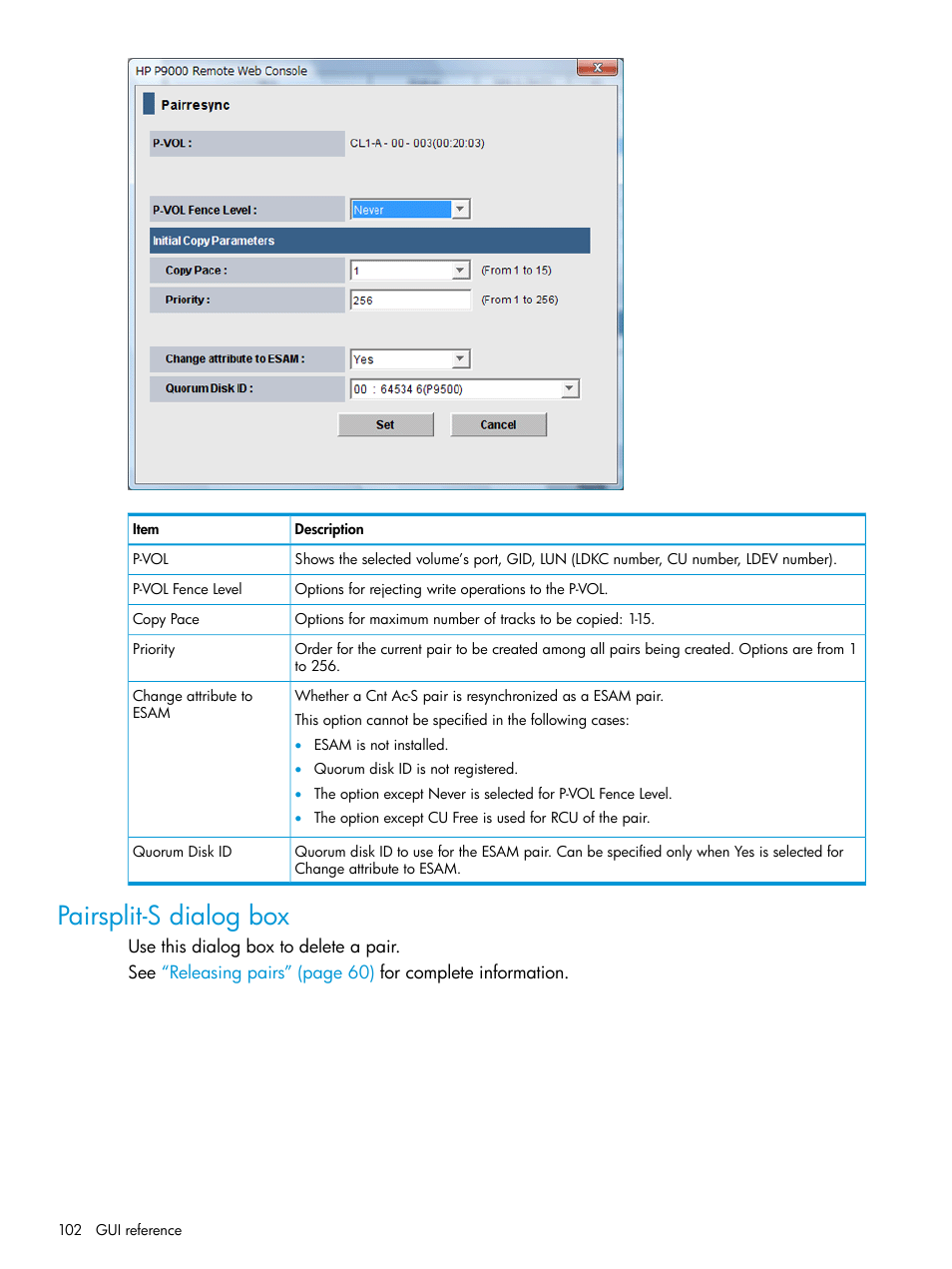 Pairsplit-s dialog box | HP XP P9500 Storage User Manual | Page 102 / 131