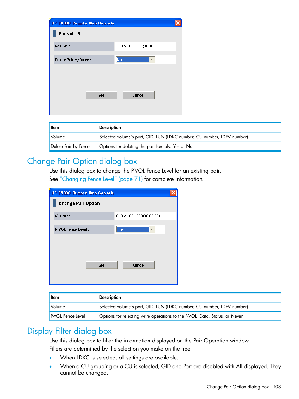 Change pair option dialog box, Display filter dialog box | HP XP P9500 Storage User Manual | Page 103 / 131