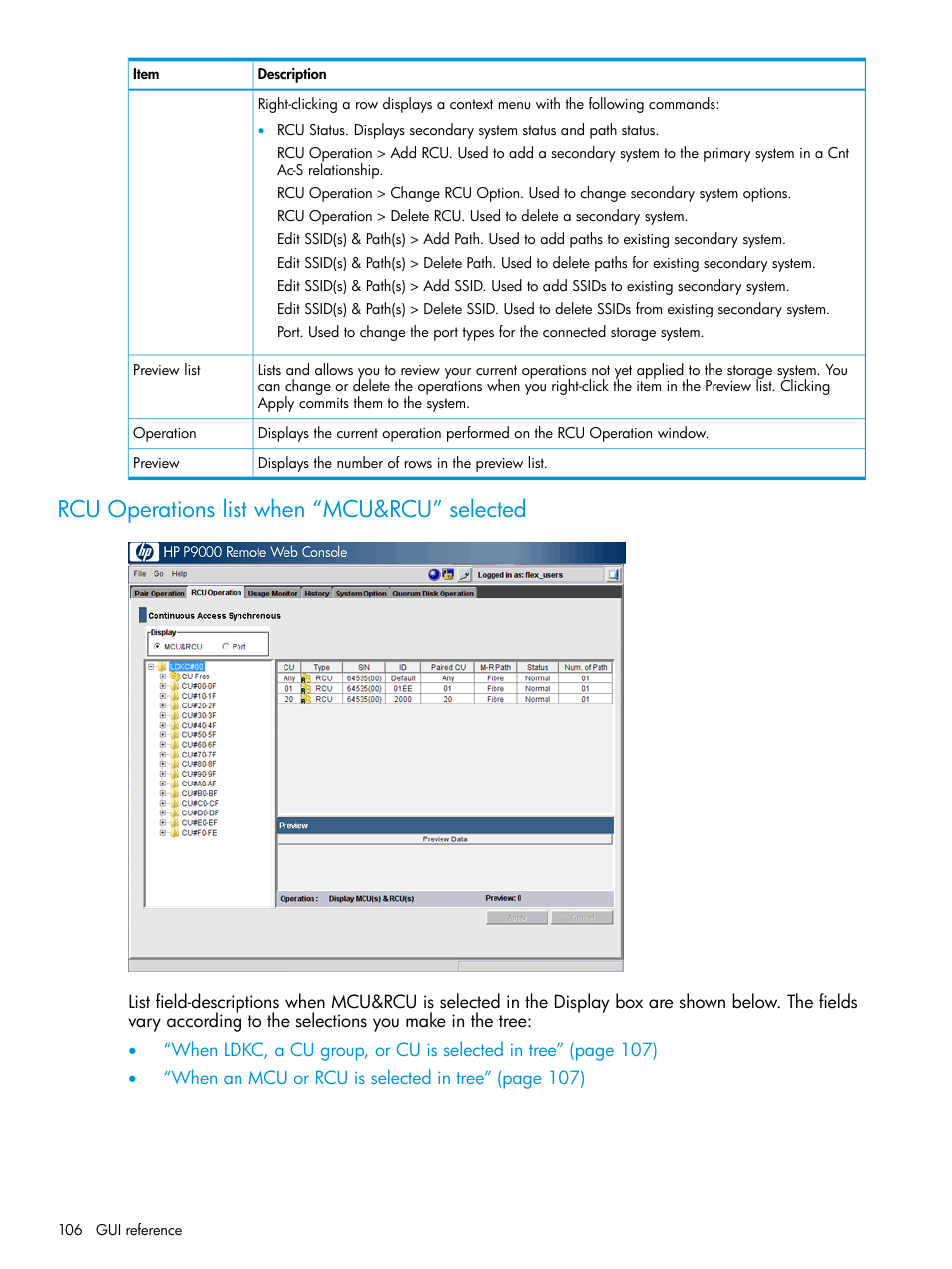 Rcu operations list when “mcu&rcu” selected, Rcu operations list when “mcu&rcu, Rcu operations | HP XP P9500 Storage User Manual | Page 106 / 131