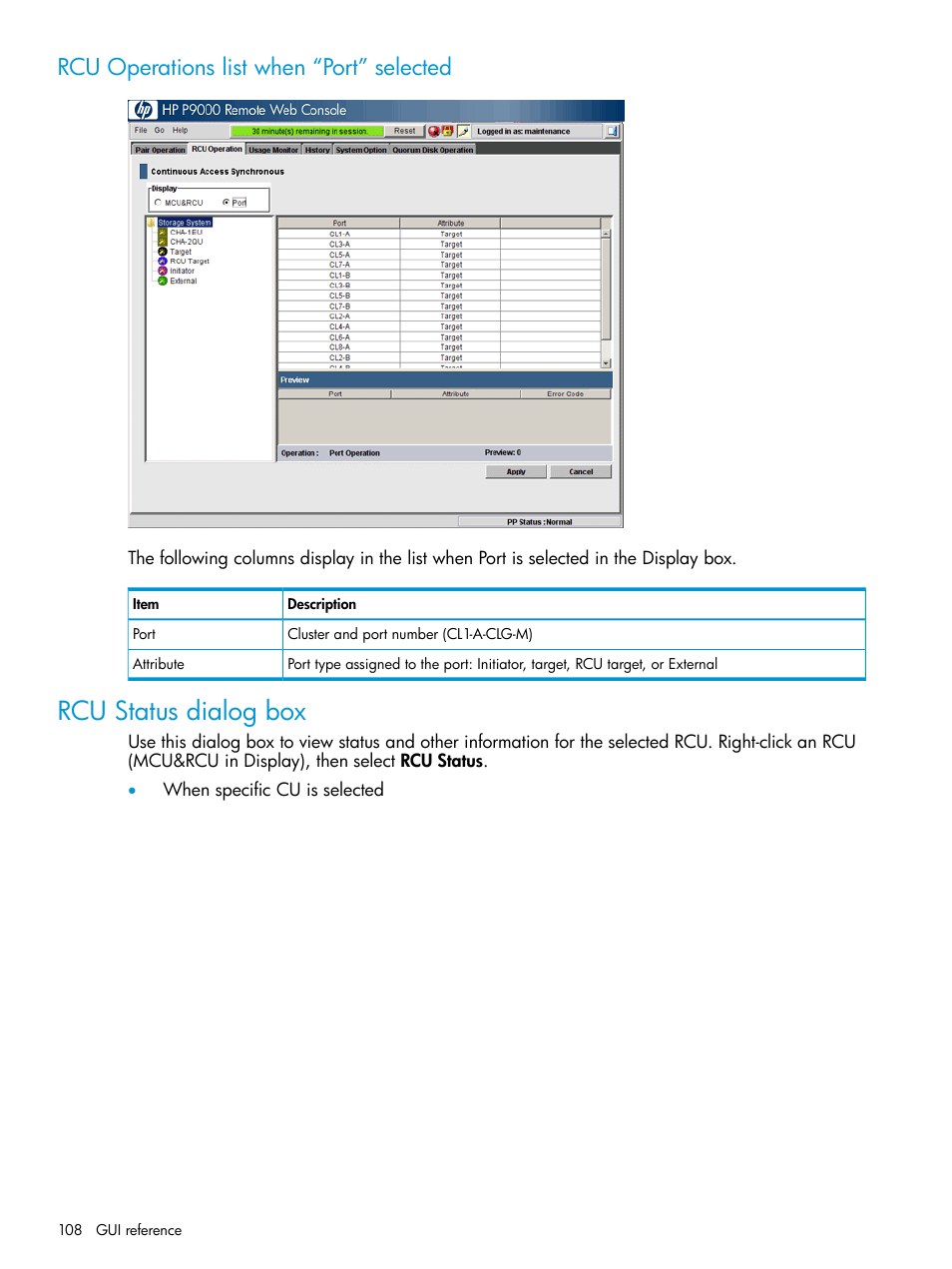 Rcu operations list when “port” selected, Rcu status dialog box | HP XP P9500 Storage User Manual | Page 108 / 131