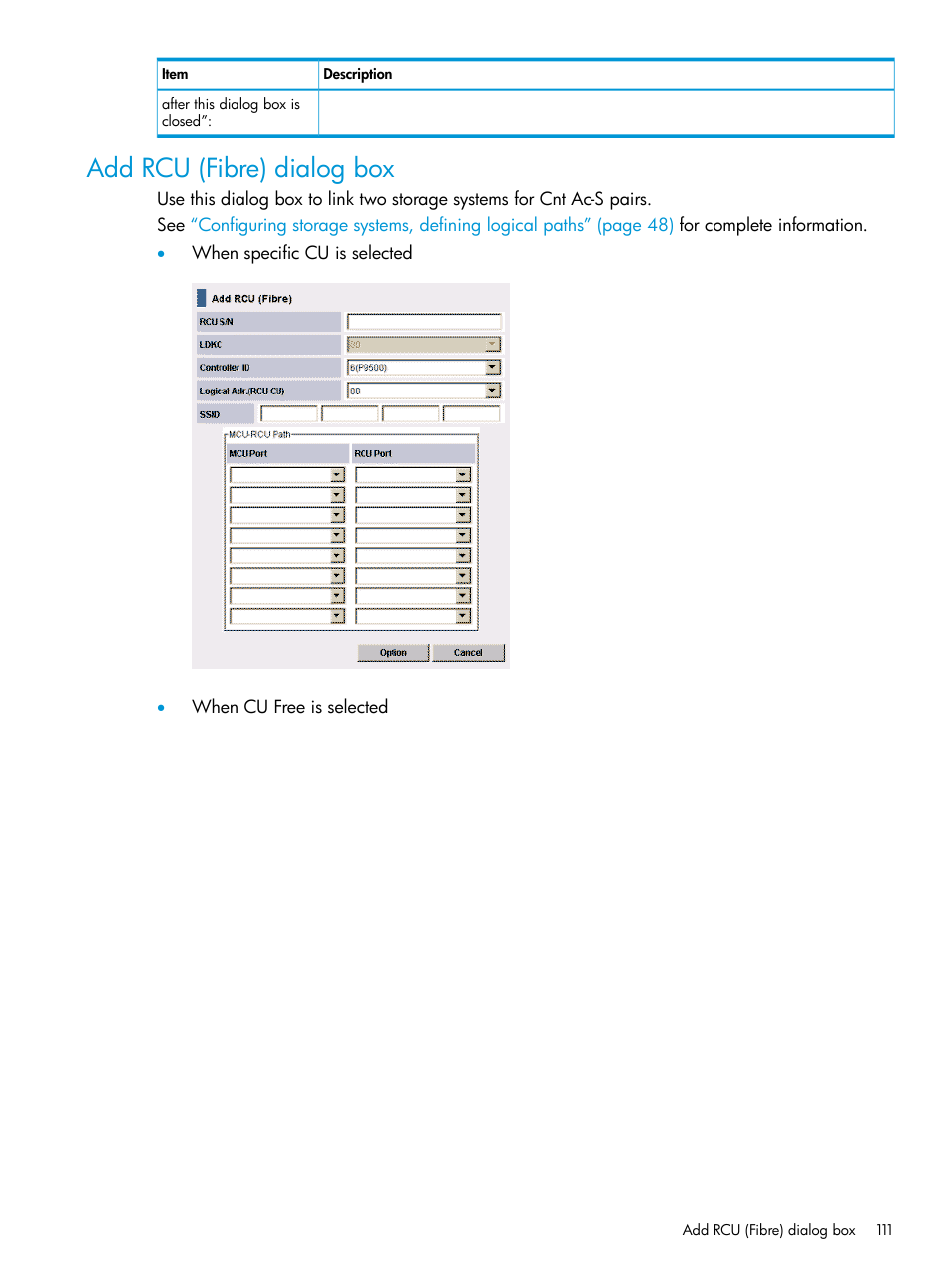 Add rcu (fibre) dialog box | HP XP P9500 Storage User Manual | Page 111 / 131
