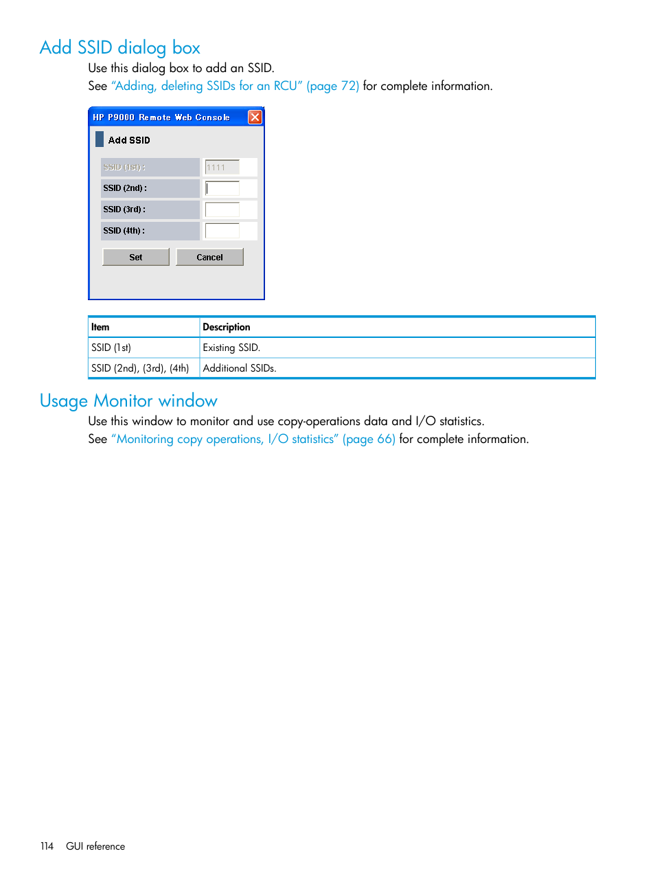 Add ssid dialog box, Usage monitor window, Add ssid dialog box usage monitor window | HP XP P9500 Storage User Manual | Page 114 / 131