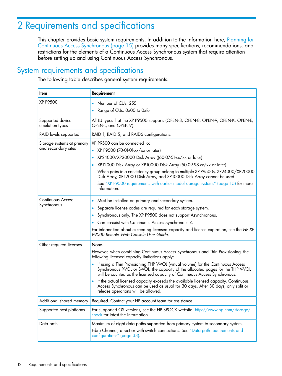 2 requirements and specifications, System requirements and specifications | HP XP P9500 Storage User Manual | Page 12 / 131