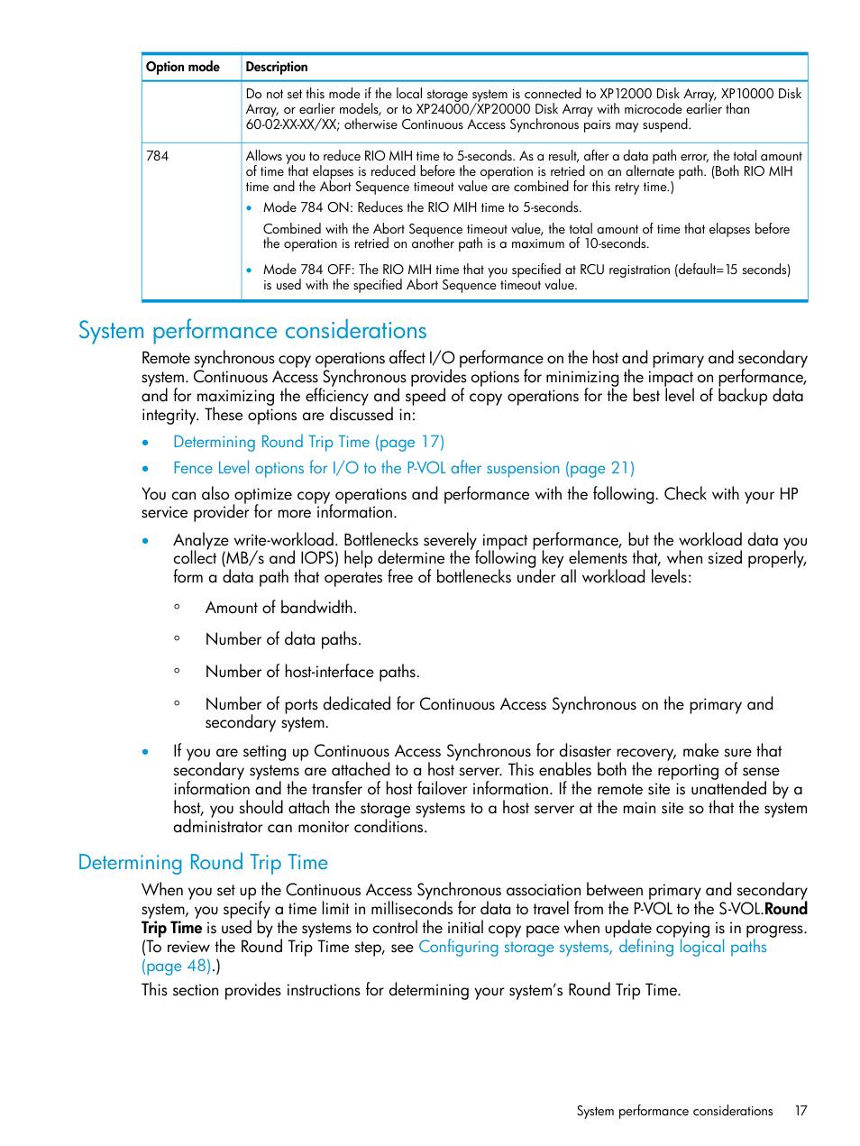 System performance considerations, Determining round trip time | HP XP P9500 Storage User Manual | Page 17 / 131