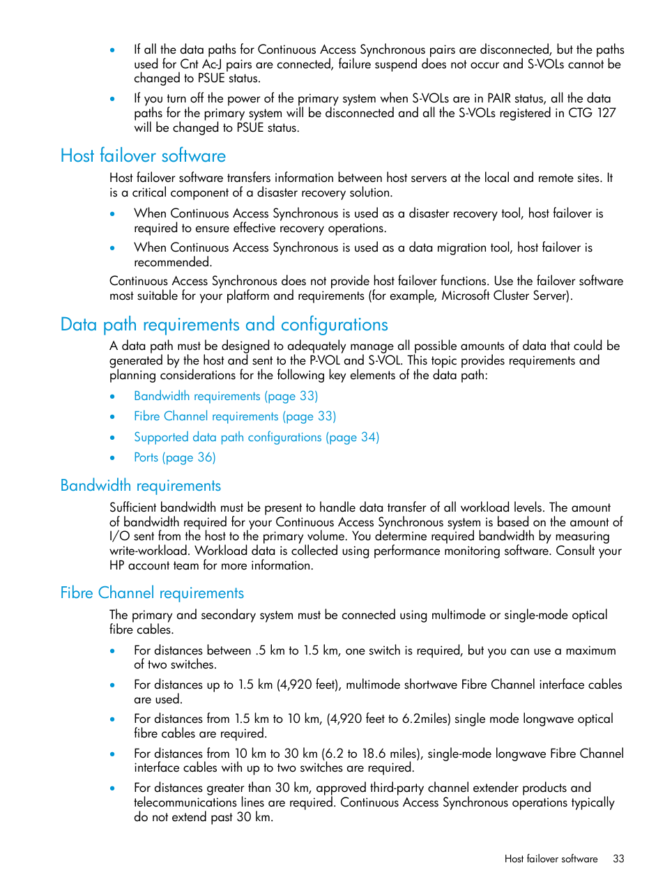 Host failover software, Data path requirements and configurations, Bandwidth requirements | Fibre channel requirements, Bandwidth requirements fibre channel requirements, Data path requirements and, Data path requirements | HP XP P9500 Storage User Manual | Page 33 / 131