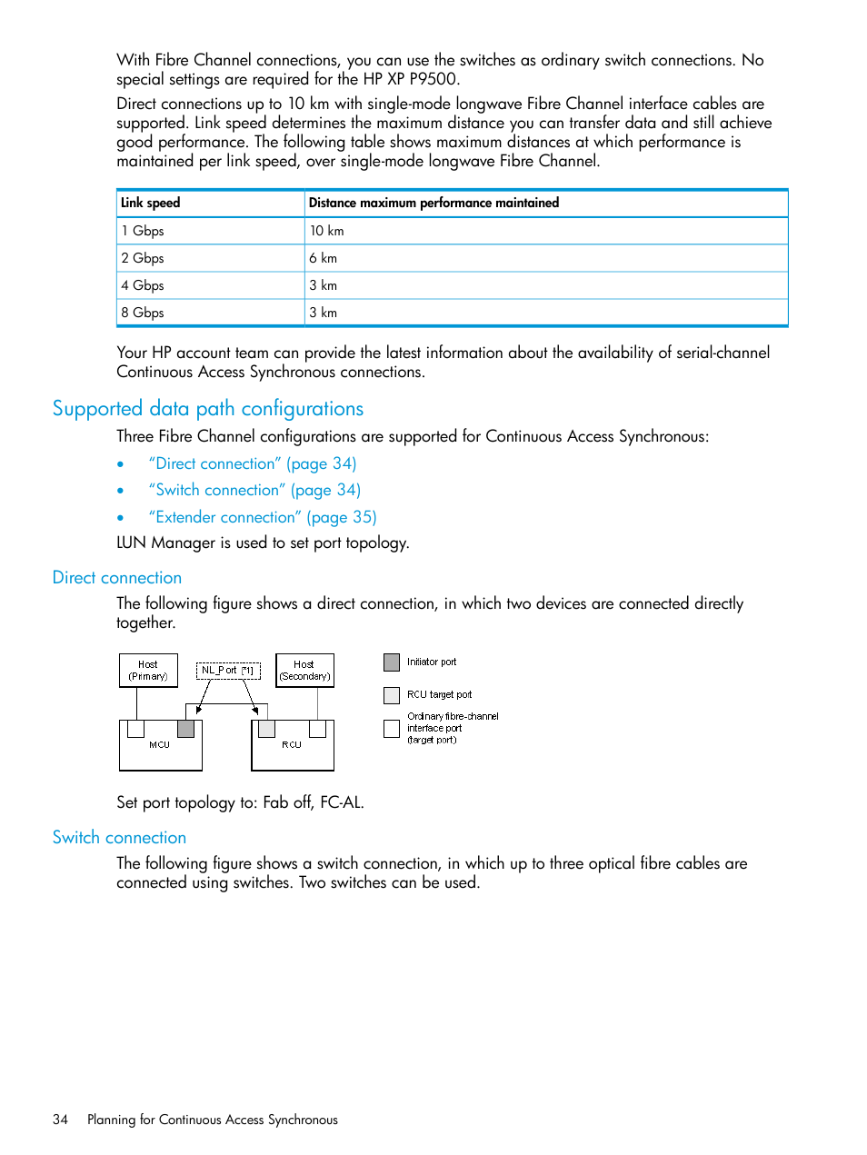 Supported data path configurations, Direct connection, Switch connection | Direct connection switch connection | HP XP P9500 Storage User Manual | Page 34 / 131