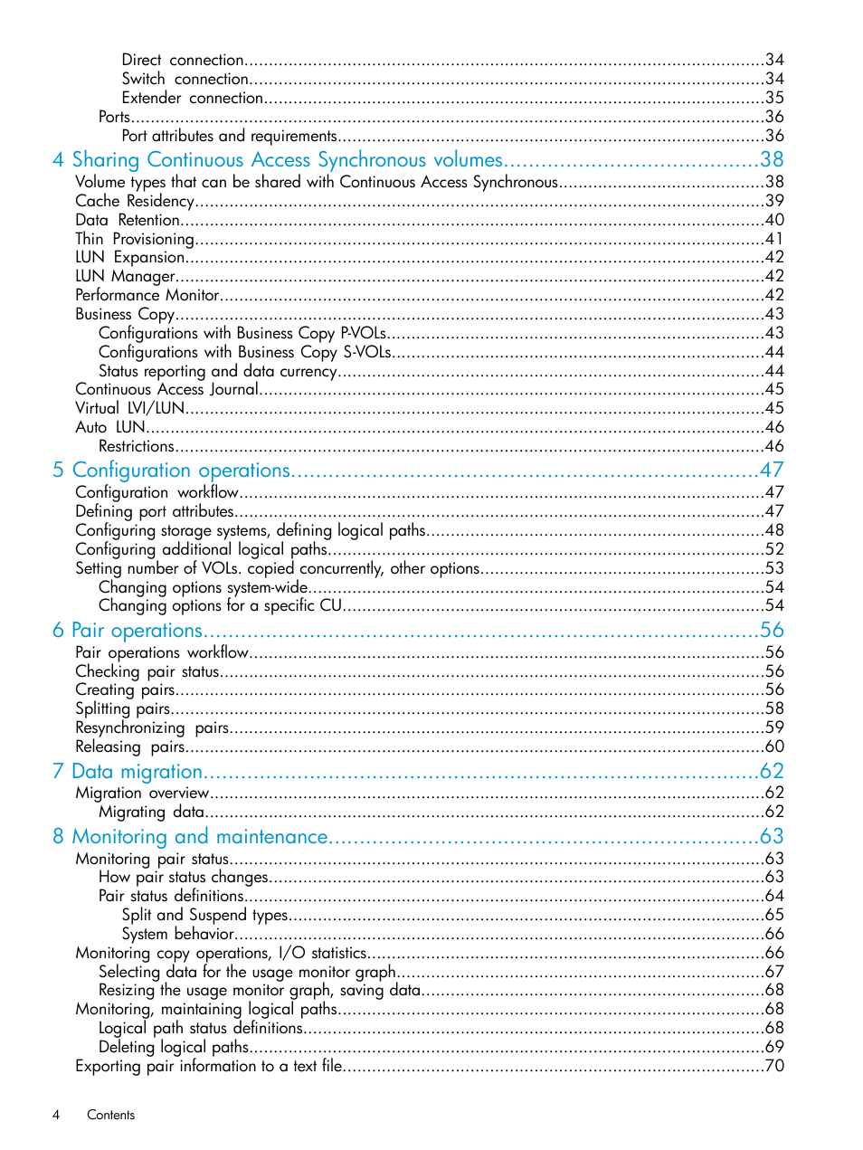 4 sharing continuous access synchronous volumes, 5 configuration operations, 6 pair operations | 7 data migration, 8 monitoring and maintenance | HP XP P9500 Storage User Manual | Page 4 / 131