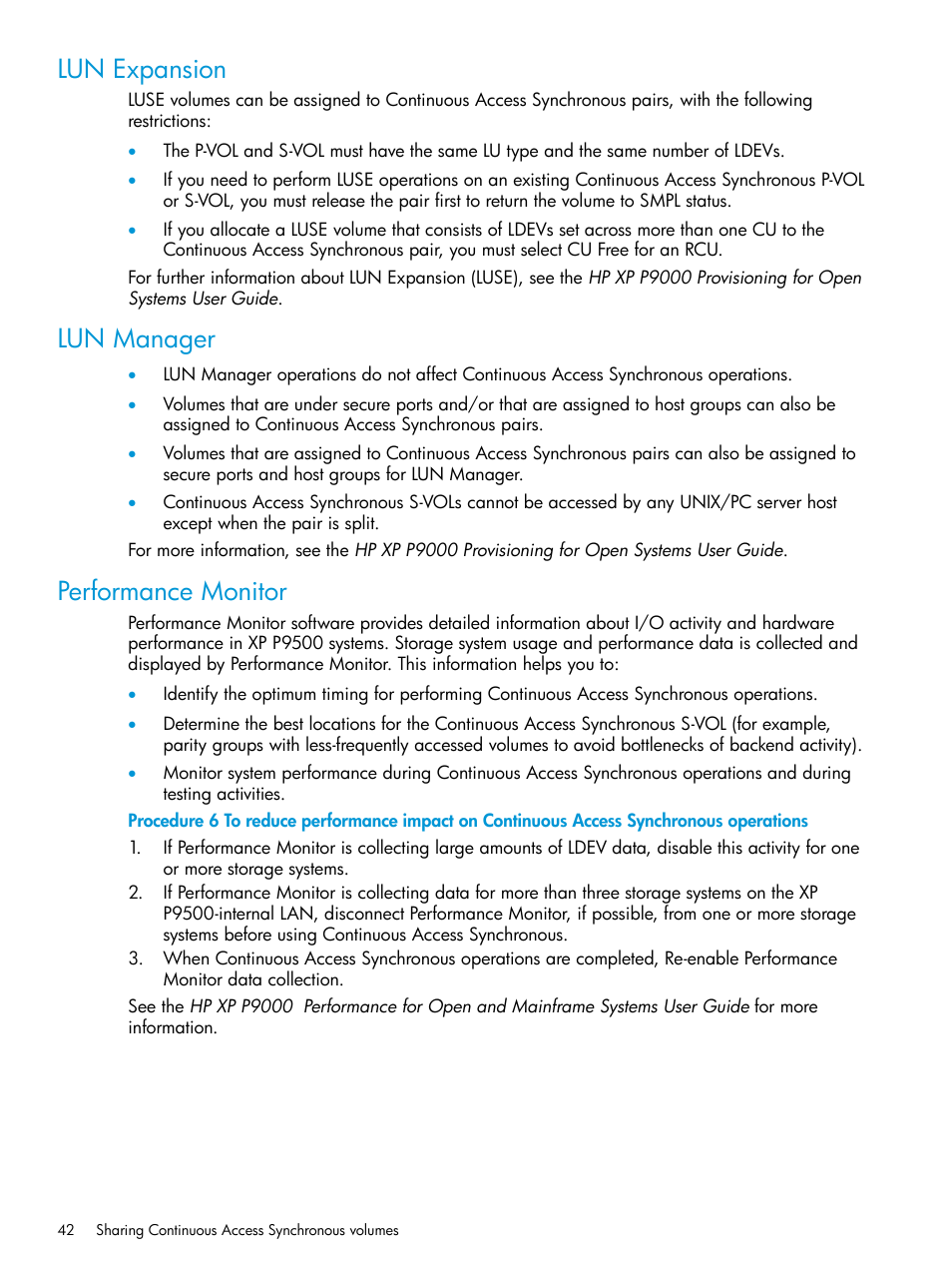 Lun expansion, Lun manager, Performance monitor | Lun expansion lun manager performance monitor | HP XP P9500 Storage User Manual | Page 42 / 131