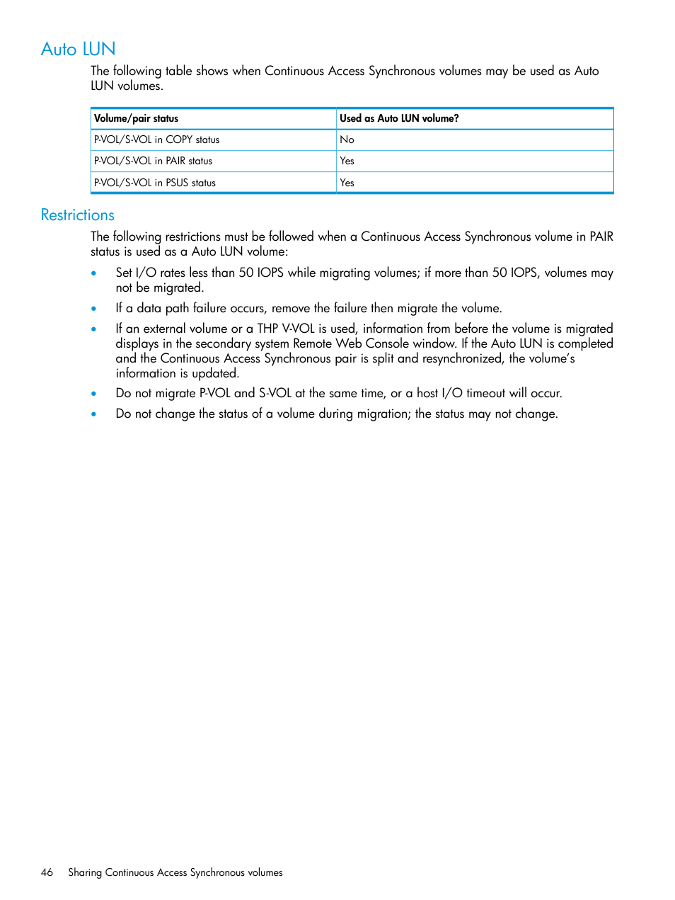 Auto lun, Restrictions | HP XP P9500 Storage User Manual | Page 46 / 131
